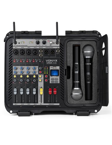 VMA106 MEZCLADOR AMPLIFICADO DE 6CH EN MALETA ABS CON 2 MICROS INALÁMBRICOS UHF