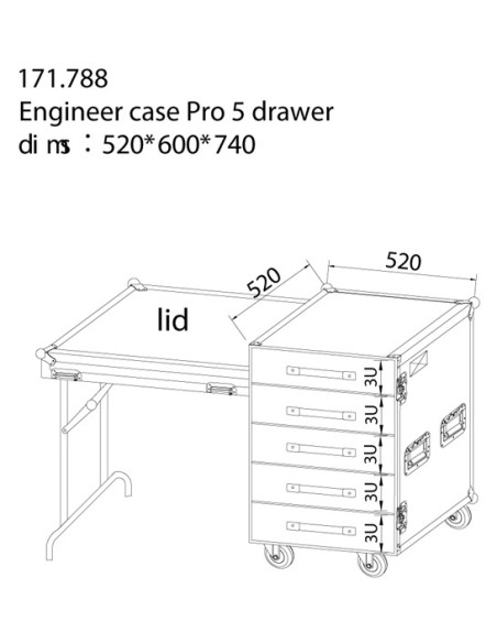 PD-FA6 FLIGHTCASE DE 5 CAJONES 3U + MESA