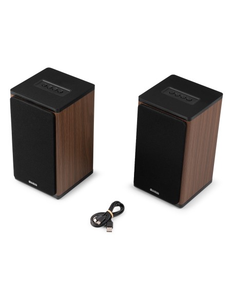 BS20 CONJUNTO DE ALTAVOCES ACTIVOS PARA ESTANTERÍA CON BATERÍA, MADERA OSCURA