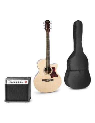 InicioHiFi domesticoInstrumentsGuitars SHOWKIT CONJUNTO GUITARRA ACÚSTICA ELECTRIFICADA NATURAL vista 2