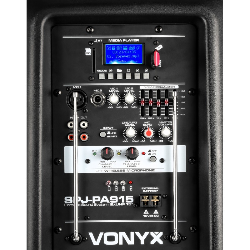 SPJ-PA915 BAFLE MOVIL ACTIVO ABS 15" 2 MICROS UHF/USB/MP3