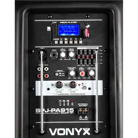 SPJ-PA915 BAFLE MOVIL ACTIVO ABS 15" 2 MICROS UHF/USB/MP3