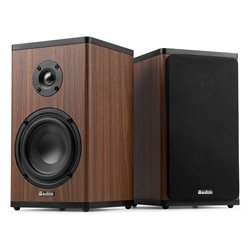 BS20 CONJUNTO DE ALTAVOCES ACTIVOS PARA ESTANTERÍA CON BATERÍA, MADERA OSCURA