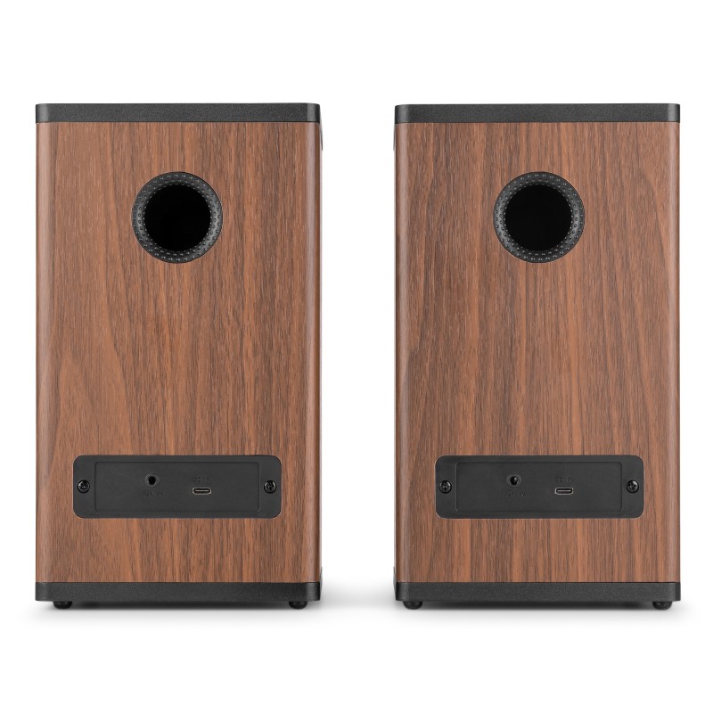 BS20 CONJUNTO DE ALTAVOCES ACTIVOS PARA ESTANTERÍA CON BATERÍA, MADERA OSCURA