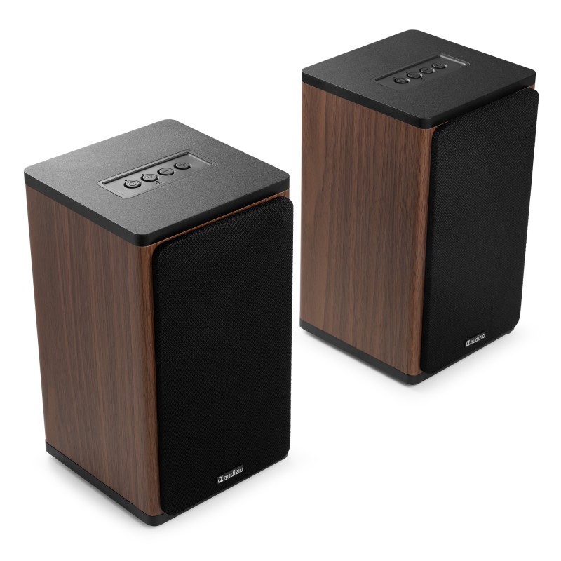 BS20 CONJUNTO DE ALTAVOCES ACTIVOS PARA ESTANTERÍA CON BATERÍA, MADERA OSCURA