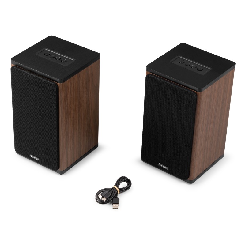 BS20 CONJUNTO DE ALTAVOCES ACTIVOS PARA ESTANTERÍA CON BATERÍA, MADERA OSCURA